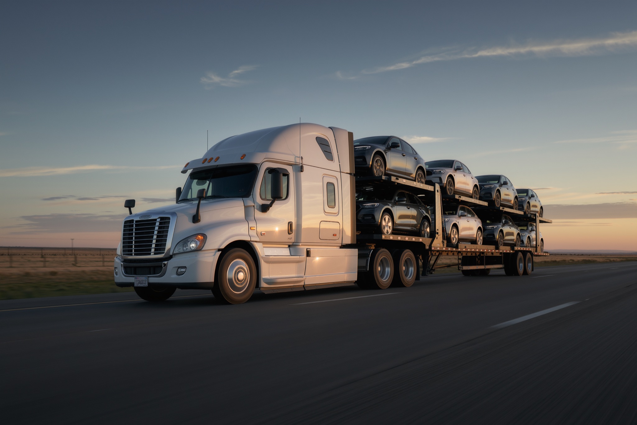 A loaded car transporter travelling on an interstate at dusk.